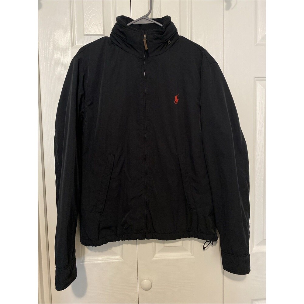 VTG Polo Ralph Lauren Jacket Mens Sz S/p Black Full Zip Packable Hood Red Pony